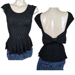Papaya Black Peplum Top M Open Back w/ Large Bow Textured Whimsigoth Y2K Indie